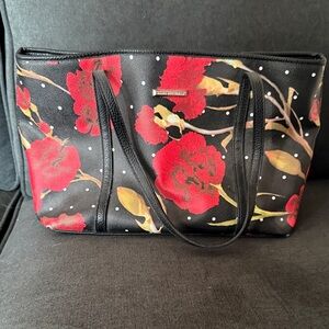 Dana Buchman Black Tote with Red and Gold Floral Design